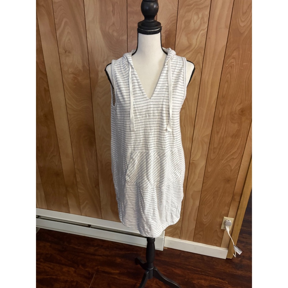 LOFT Beach Womens XS White Grey‎ Striped Sleeveless Hoodie Cover Up Cotton Dress